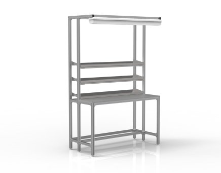 Dílenský stůl z hliníkových profilů s pozinkovanými policemi